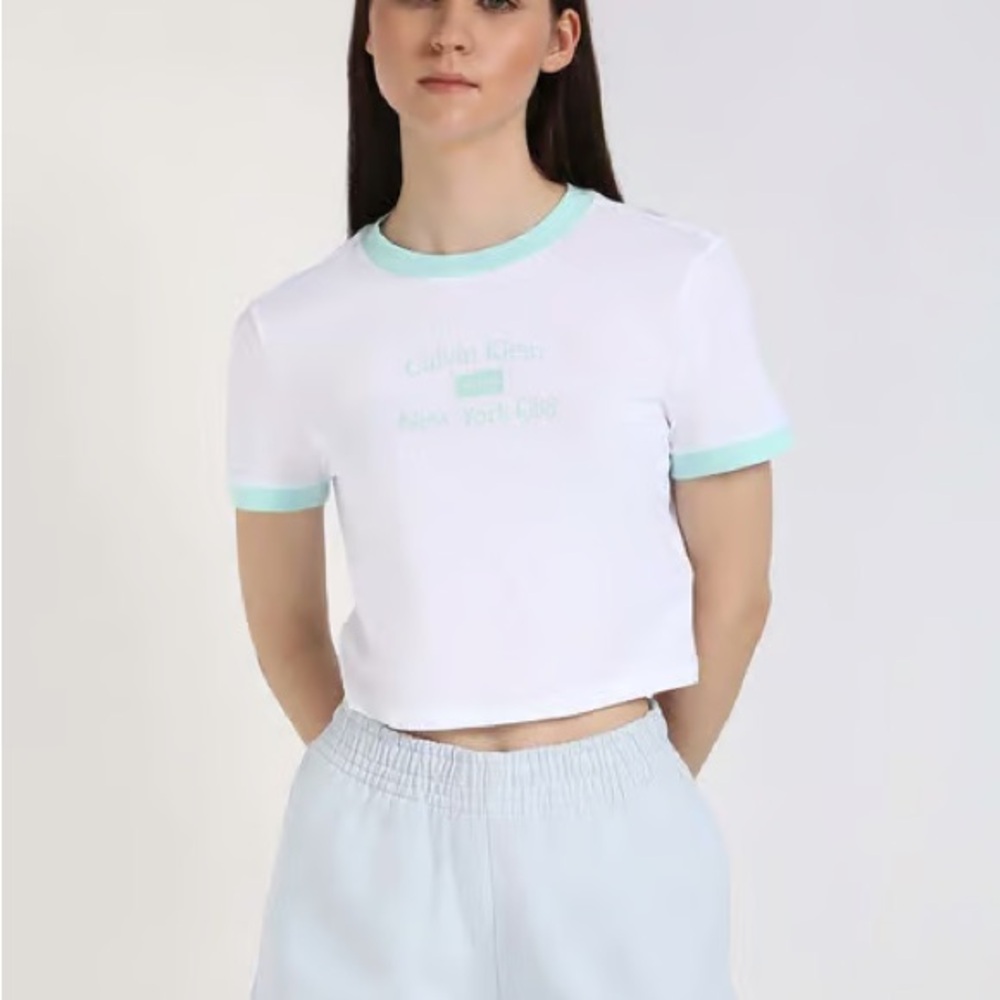 (NWOT) Calvin Klein White Crop Ringer Tee with Mint Trim